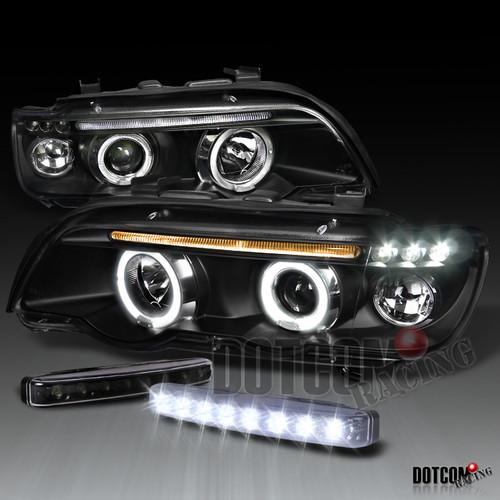 01-03 bmw e53 x5 black projector halo headlight+front bumper led fog drl lights