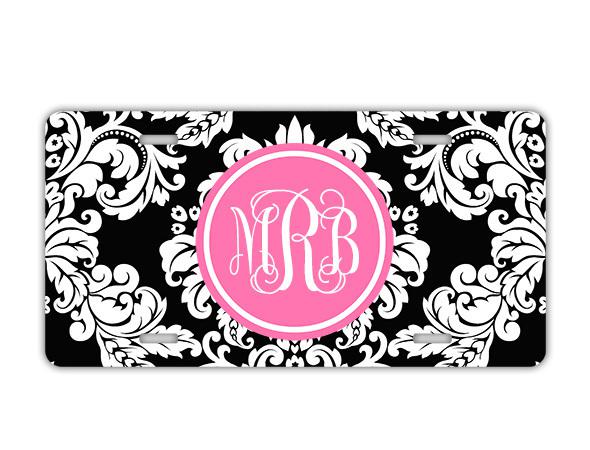 Monogrammed license plate - black damask w hot pink personalized car tag (9759)