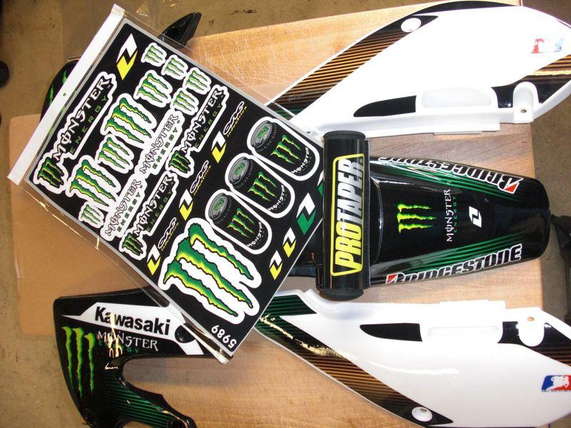 Klx 110 02-09 kx 65  02-12 graphic kit monster energy w/ plastics black kit new