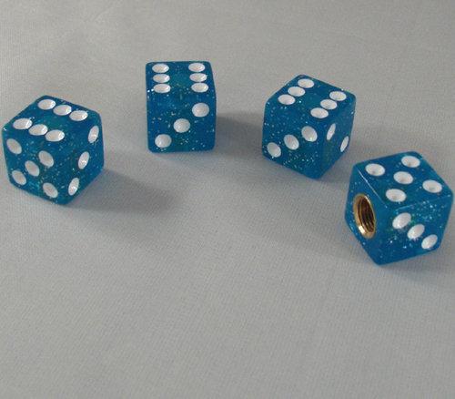 4 real dice "blue glitter" tire air valve stem caps - car truck hotrod suv rims