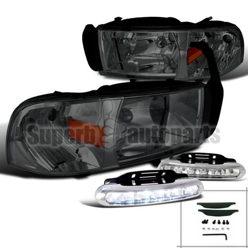 1994-2001 dodge ram 1500/2500/3500 1pc headlights smoke+led drl fog lamp