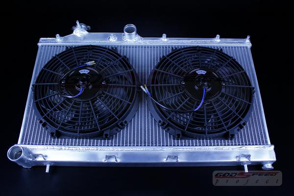 Godspeed 08-11 wrx sti ej25 grb grf 2 row aluminum turbo radiator + slim fan x 2