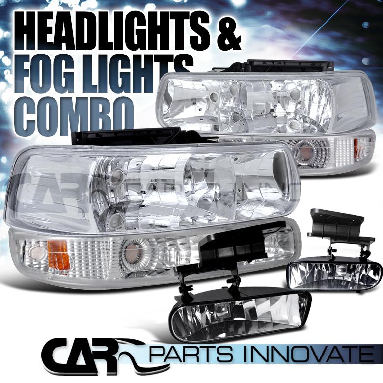 99-02 silverado crystal chrome headlights+bumper lights+clear fog lights