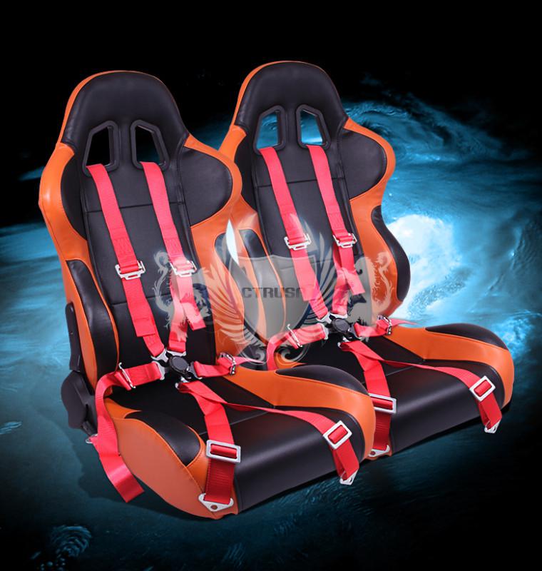 2x type-r black/orange turino sport racing bucket seats+6-pt red camlock belts