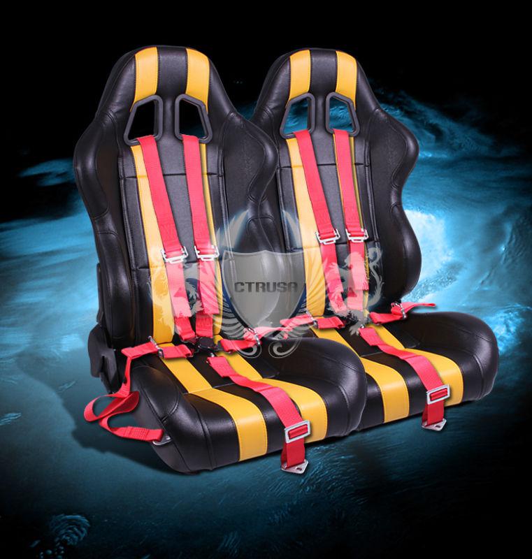 2x blk/yellow stripe pvc/vinyl  racing bucket seats+5-pt red camlock strap belt