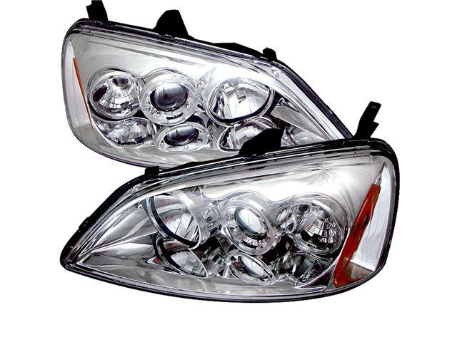 01-03 honda civic 2/4 dr spyder chrome headlights pair halo projector set new!