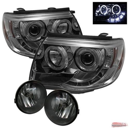 05-11 tacoma halo drl led smoked projector headlights+fog lights+switch+bulbs