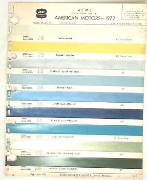 1972 amc acme color paint chip chart amx javelin matador gremlin more