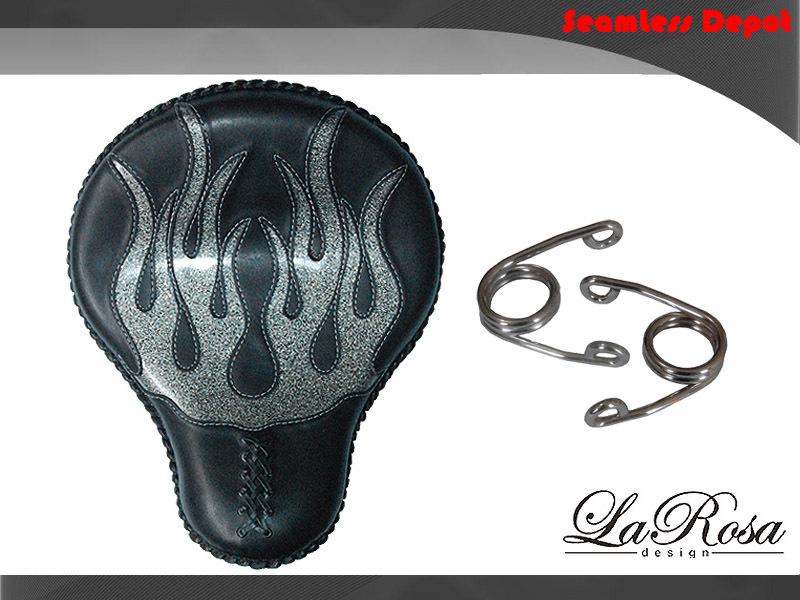 Larosa black leather harley chopper silver flame inlay solo seat + springs kit