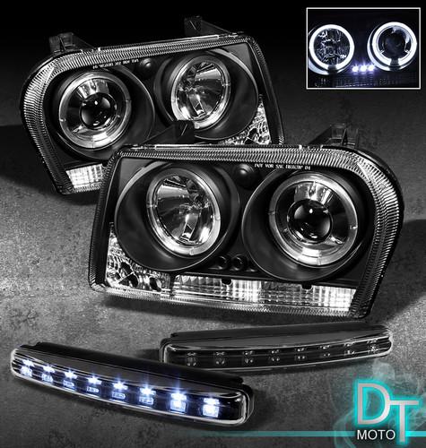 Led bumper fog lamps+08-10 chrysler 300 2*halo black projector head lights