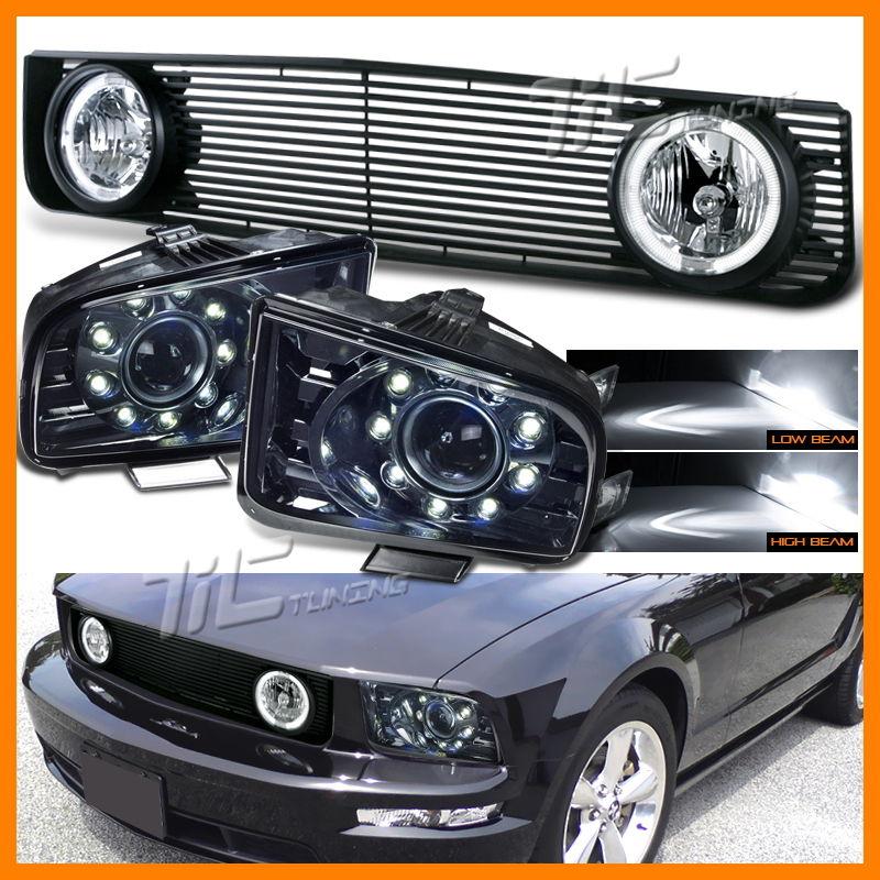 05-09 ford mustang black billet grille smoke projector headlights led fog lamp