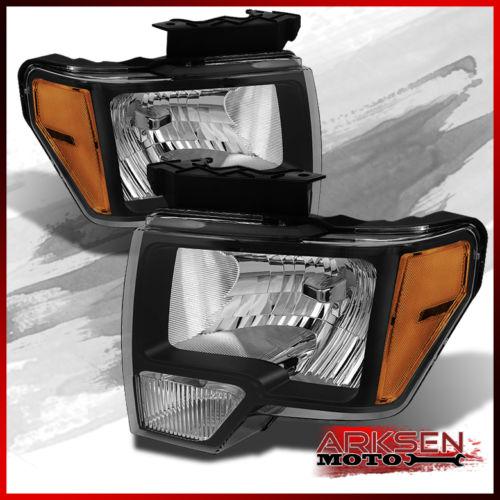 Black 09-13 ford f150 crystal headlights lights replacement lamps left+right set