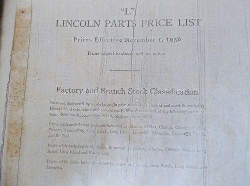 Lincoln motorcar &#034;l&#034; parts price list, november 1, 1936