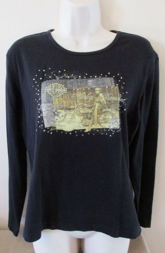 Harley davidson l/s black tee top w/vintage lady riders &amp; rhinestones sz xl