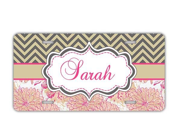 Personalized chevron license plate pink name front monogrammed car tag (1008)