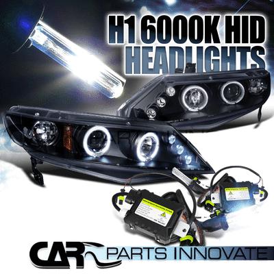 06-11 civic 4dr black halo led projector headlights+h1 6000k hid conversion kit