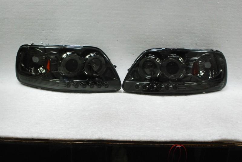 97-03 f150 expedition dual halo projector led smoked headlights light left+right