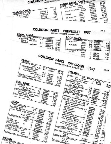 1957 chevrolet car convertible collision body part list &amp; part numbers gmbk 12pg