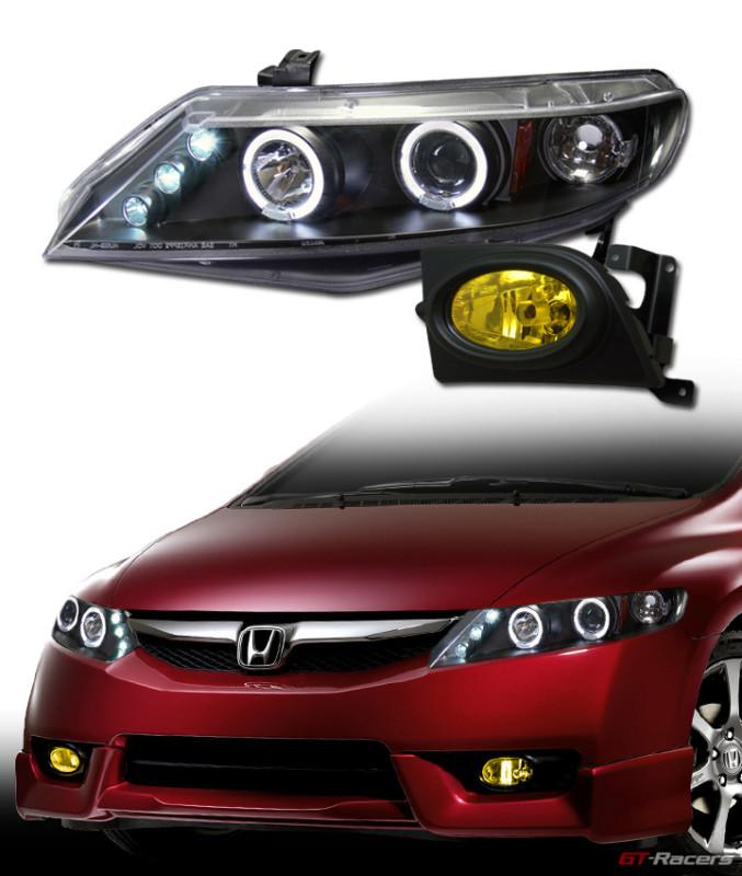 Blk halo led projector head lights am jy+bumper fog yellow 06-08 honda civic 4dr