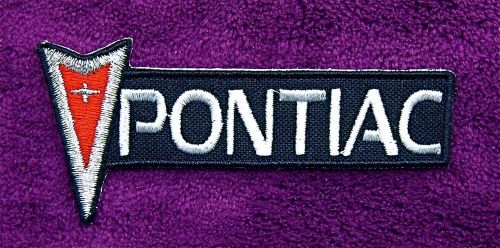 Pontiac emblem &amp; script embroidered  iron on 3 3/4&#034; patch  red - silver - black