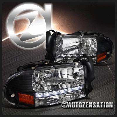 [led drl] 97-01 dakota/ 98-03 durango black crystal headlights