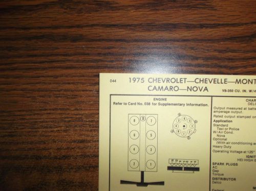 1975 chevrolet &amp; camaro models 350 ci v8 4bbl sun tune up chart great shape!