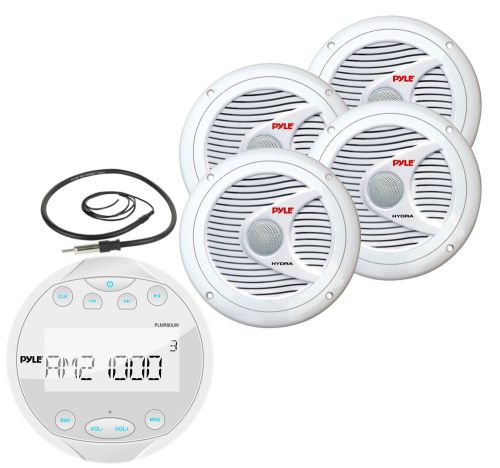 Pyle white marine bluetooth mp3 round radio, antenna, 6.5&#034; 150w marine speakers