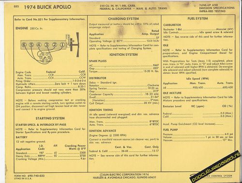 1974 buick apollo 250 ci 6 cylinder engine car sun electric spec sheet