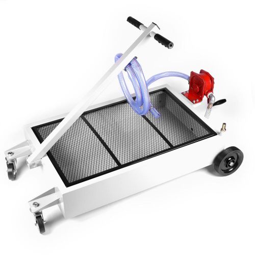 Portable oil change drain pan with manual pump &amp; mesh gate 15 gallon capacity