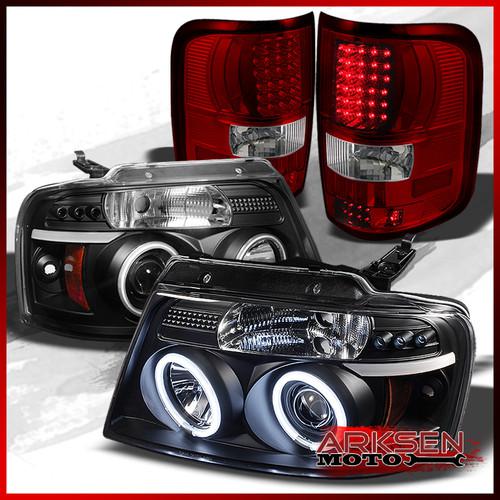 04-08 f150 black ccfl halo led projector headlights+red clear led tail lights