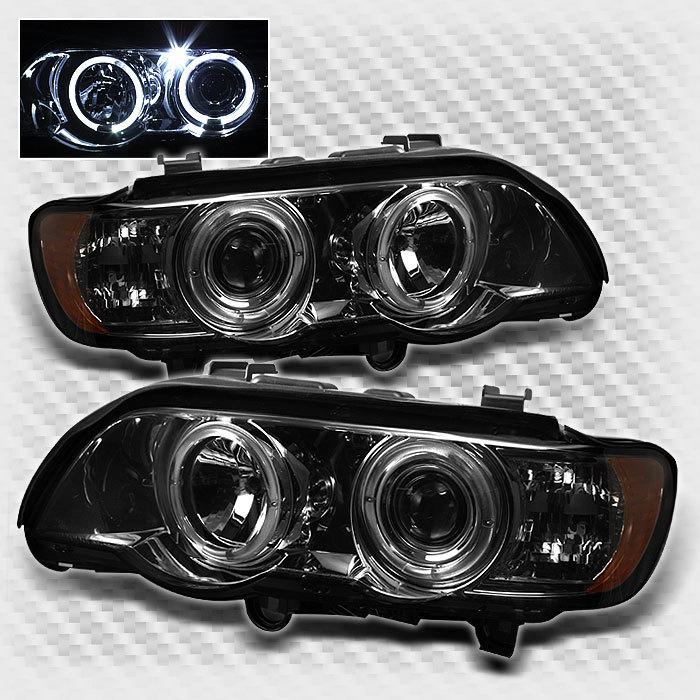 Smoked 01-03 bmw x5 e53 twin halo projector headlights head lights smoke lamp