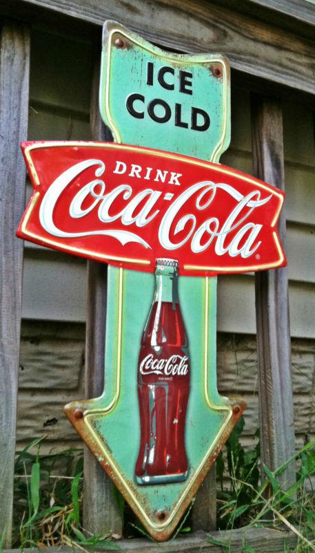 Ice cold coca cola metal embossed sign 24" arrow new vintage looks like neon