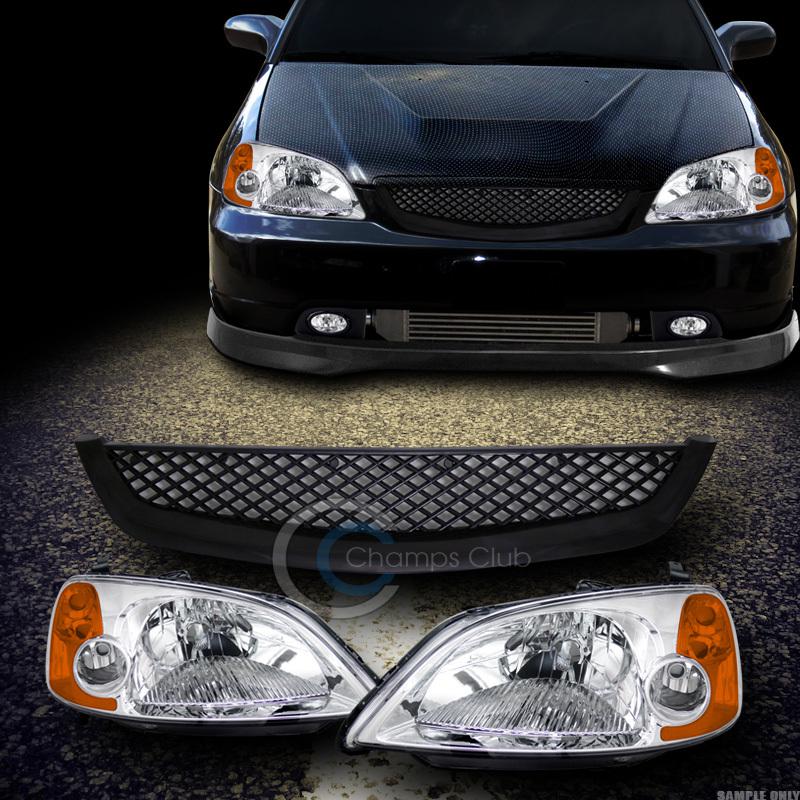 Crystal chrome head lights signal lamps amber dy+bumper grill grille 01-03 civic