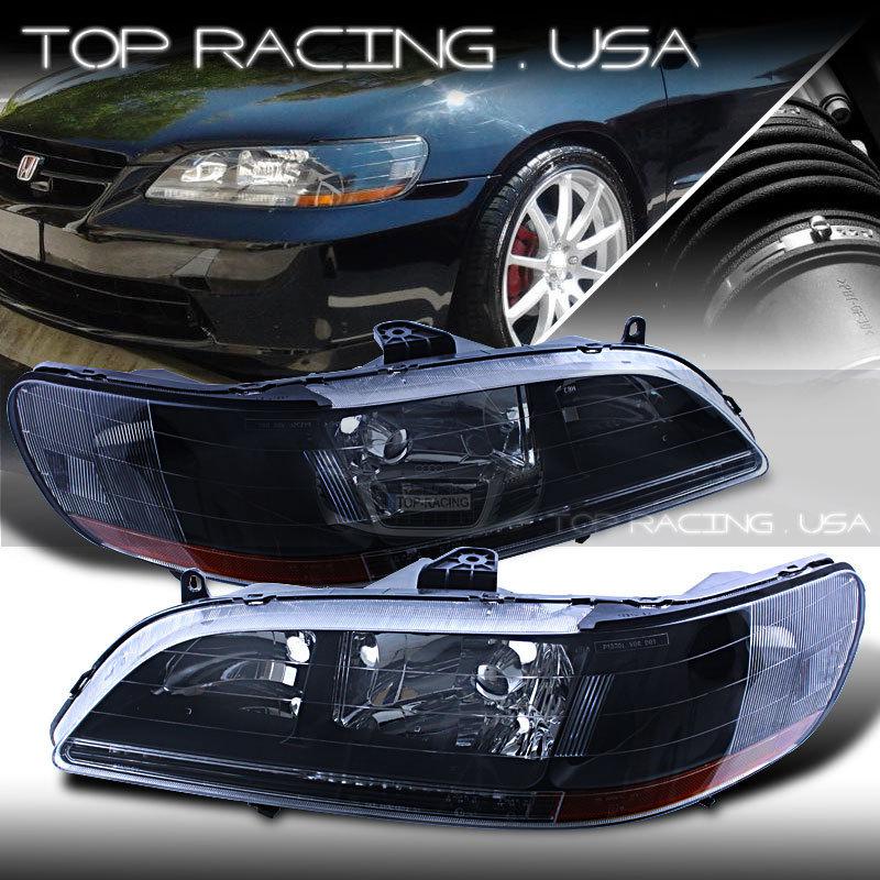 98-02 honda accord jdm crystal style headlights lamps black / amber reflector