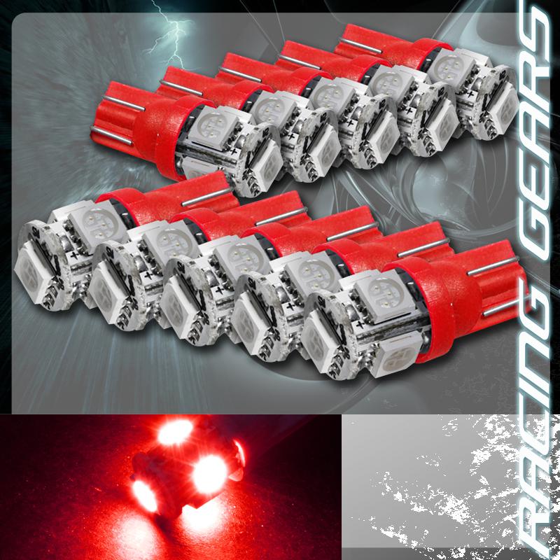 10x red smd 5 led 12v t10 wedge light bulb interior side marker / license plate