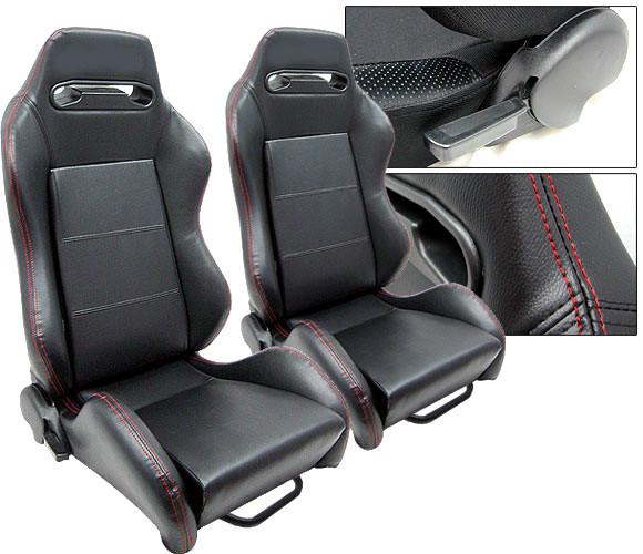 2 pcs black leather + red stitch racing seats reclinable w/ slider new