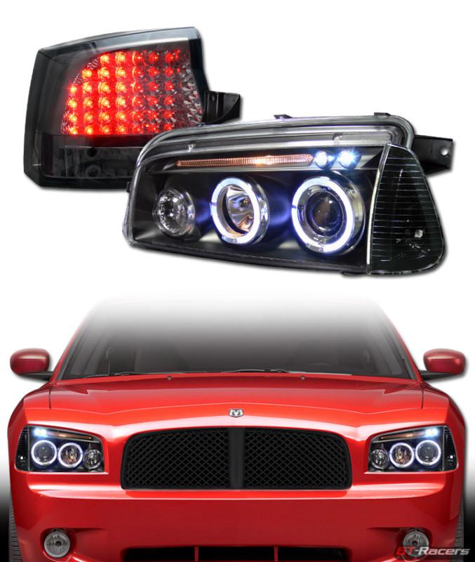 Black halo projector head lights+corner+led tail brake lamps smoke 05-08 charger