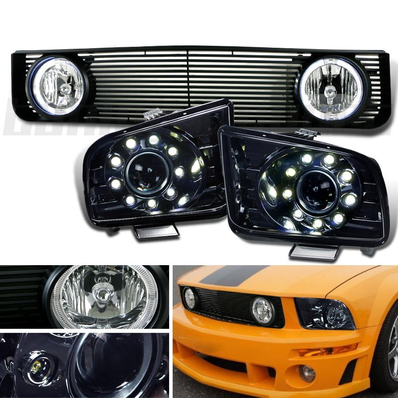 Ford 05-09 mustang smoke projector headlights black billet grille led fog lamp