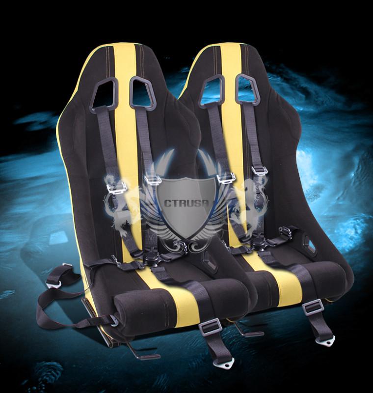 2x black/yellow stripe fabric sports racing bucket seats+5-pt belt camlock strap