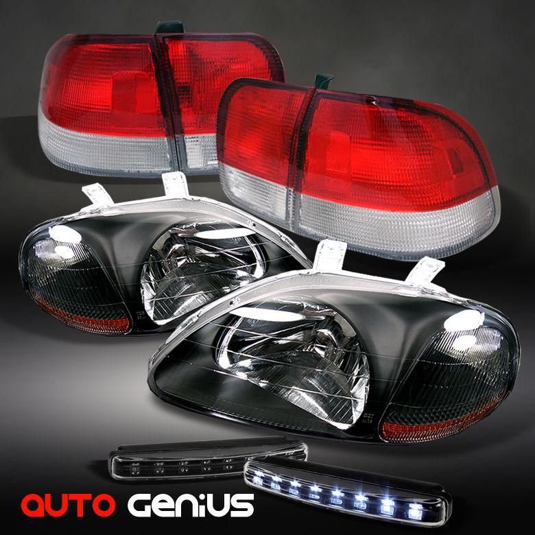 96-98 civic 4dr black headlights + red clear tail lights + daytime running light