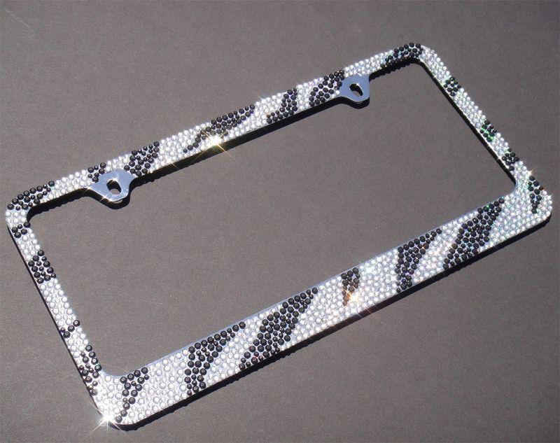 White/black zebra designed diamond license plate frame-d