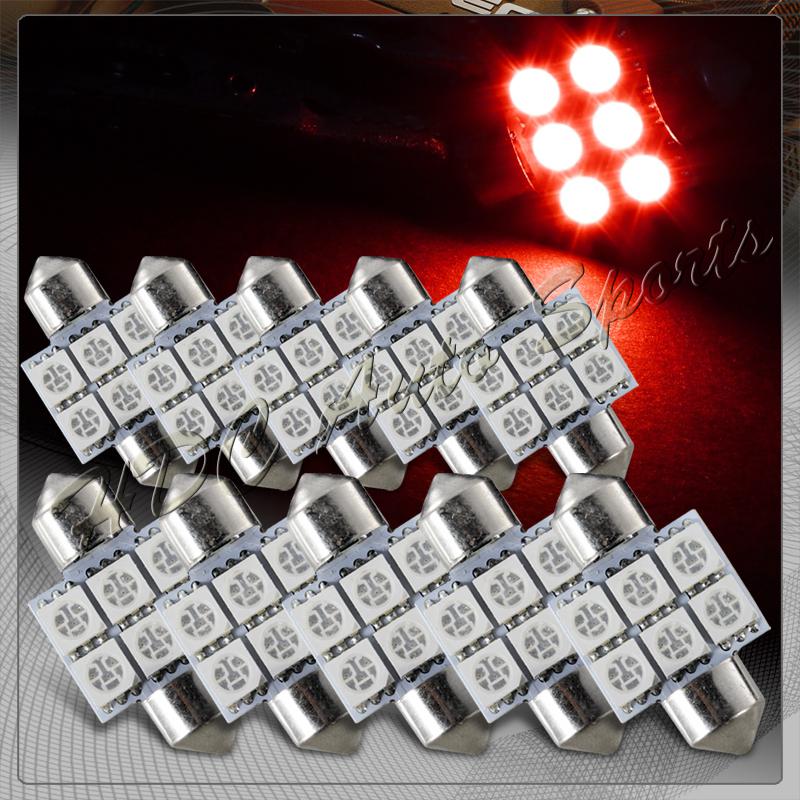 10x 31mm 6 smd red led festoon dome map glove box trunk replacement light bulbs