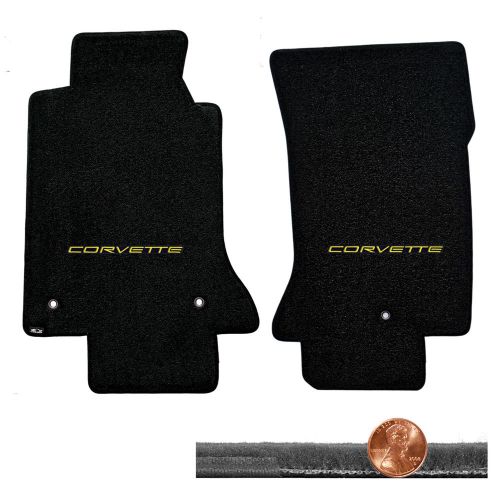 1997-2004 c5 corvette black 2pc velourtex floor mats set - yellow corvette logos