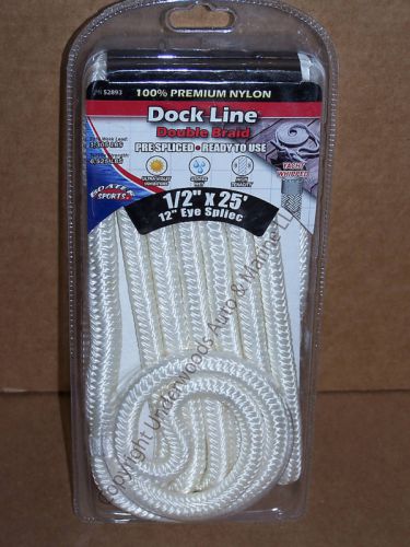 White dock line 1/2&#039;&#039; x 25&#039; double braid nylon boat 12&#034; eye docking boating  new