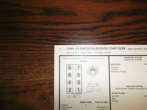 1980 dodge plymouth chrysler eight series 5.9 litre 360 ci v8 2bbl tune up chart