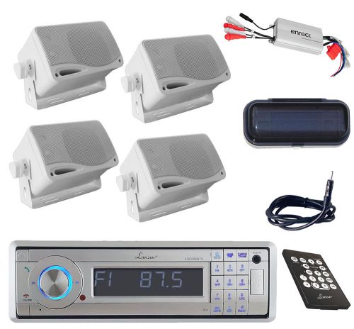 Bluetooth marine lanzar cd usb sd radio+antenna,amp,cover,4x white mini speakers