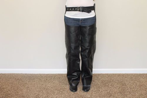 Womens black leather motorcycle chaps national leather silver zips buckles small