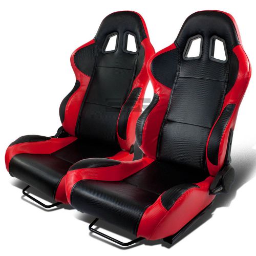 X2 pair full reclinable left+right red/black trim pvc leather bucket racing seat