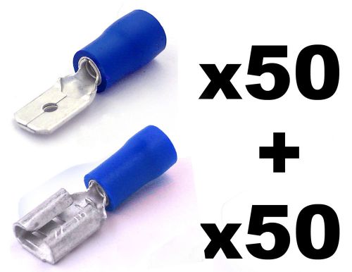100x blue semi insulated spade electrical crimp connectors- mixed male &amp; female