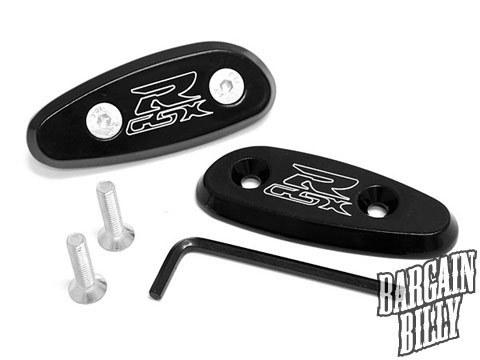 2001-2004 suzuki gsxr 1000 mirror block off base plates logo engraved black set